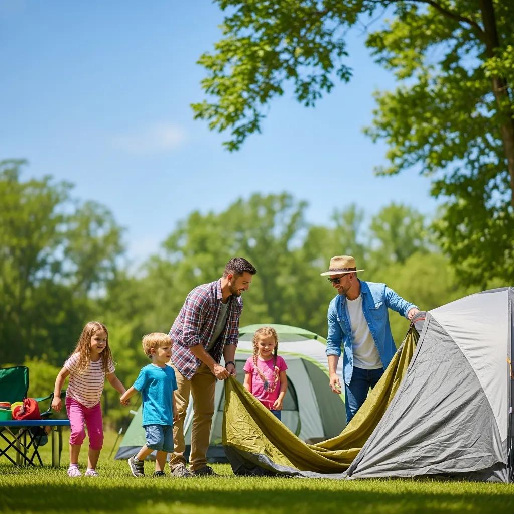 Family camping near Detroit with parents setting up a tent and children playing outdoors