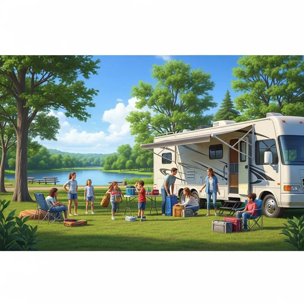 Family camping near Michigan state parks with RV and natural scenery
