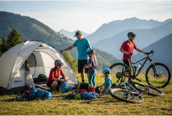 Family camping near mountain biking trails with bicycles and scenic views