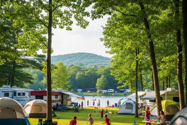 Family camping scene in Michigan with tents, RVs, and children playing outdoors