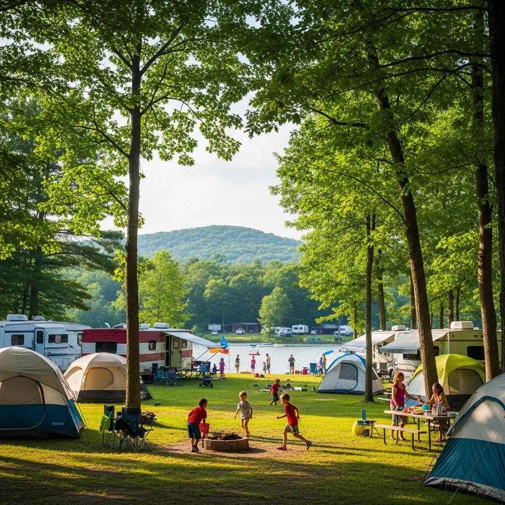 Family camping scene in Michigan with tents, RVs, and children playing outdoors