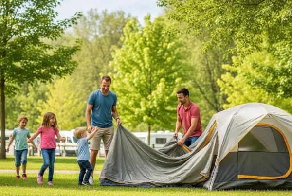 Family camping scene near Ann Arbor with children playing and a tent setup in a lush green campground
