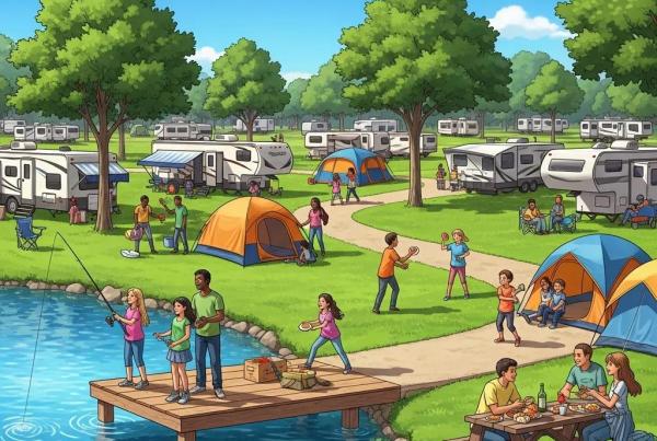 Family camping scene near Fort Wayne with families enjoying outdoor activities by a lake