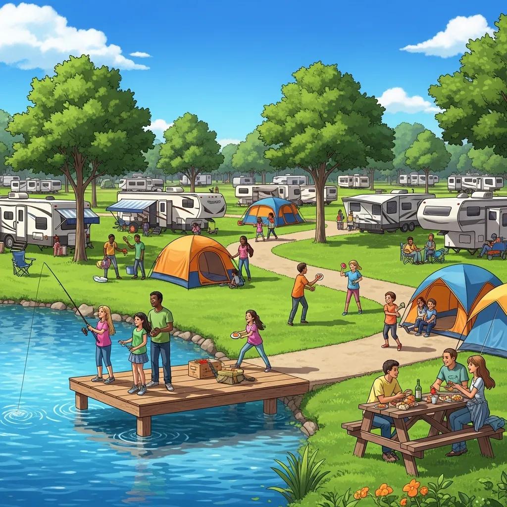 Family camping scene near Fort Wayne with families enjoying outdoor activities by a lake