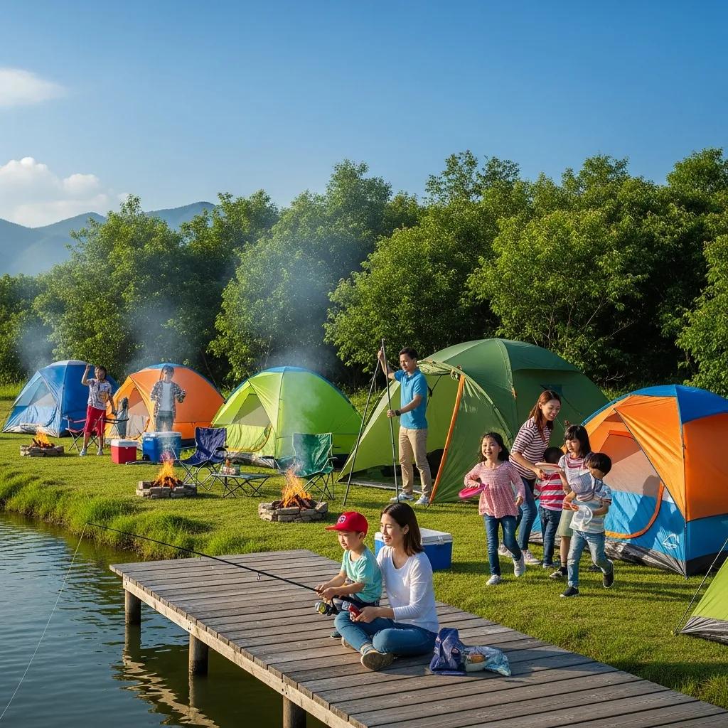 Family camping scene near Waterloo State Park with families enjoying outdoor activities