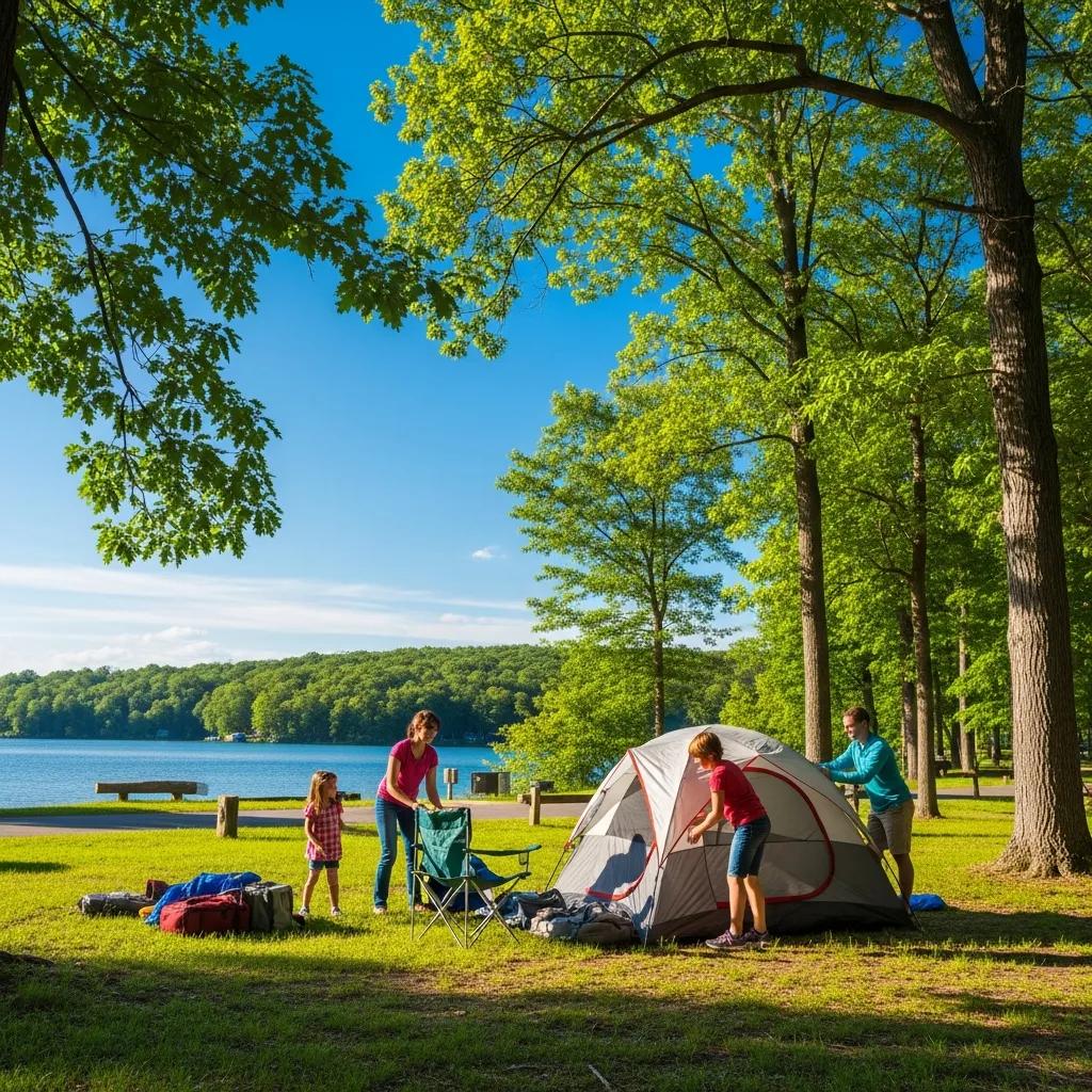 Family camping setup at a Michigan State Park campground with trees and a lake