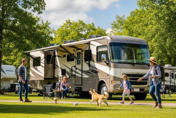Family camping with a dog at a pet-friendly RV park in Michigan