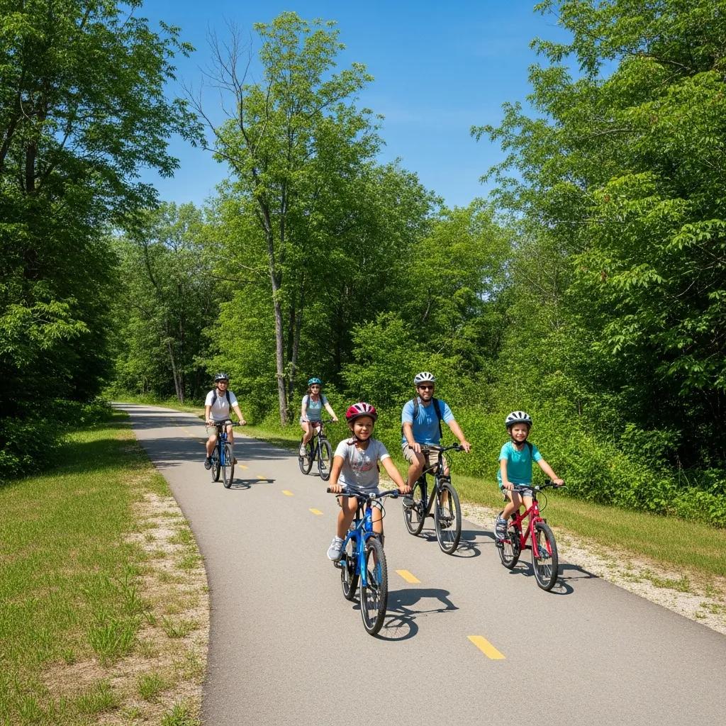 Family riding bikes on a smooth trail in a Michigan state park—safe, scenic, family-friendly