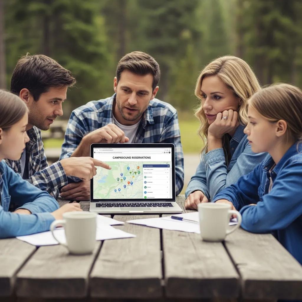A family reviewing campground choices on a laptop while sitting by their RV