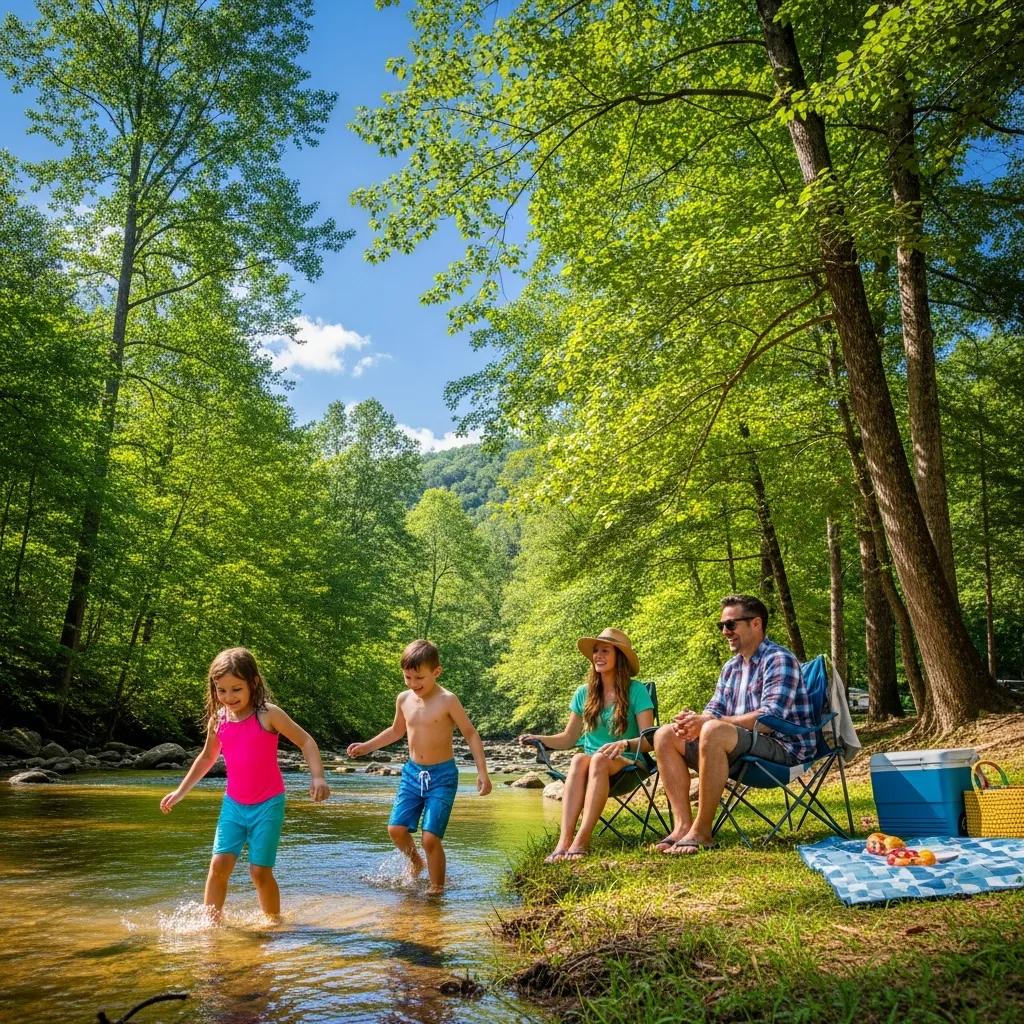 Family enjoying a creekside campsite at Indian Creek, Cherokee, NC