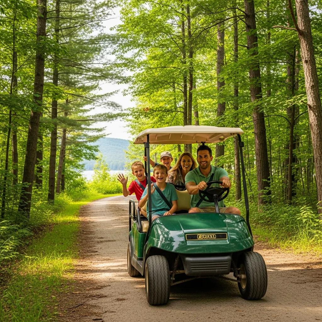 Family riding a golf cart on scenic campground trails near Waterloo