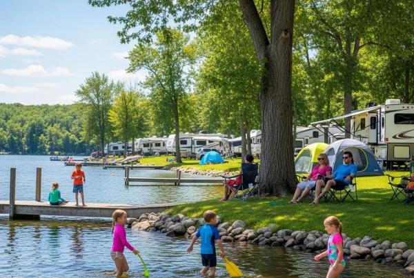 Family enjoying a lakeside campground near Jackson, Michigan, with children playing in the water and tents in the background