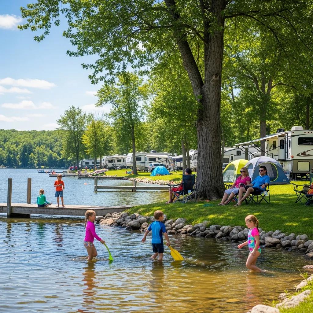 Family enjoying a lakeside campground near Jackson, Michigan, with children playing in the water and tents in the background