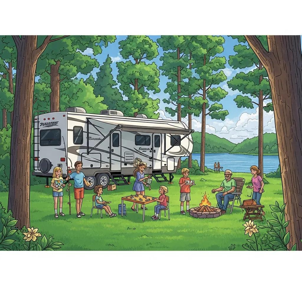 Family enjoying a long-term camping experience in a Michigan campground with an RV, lake, and outdoor activities