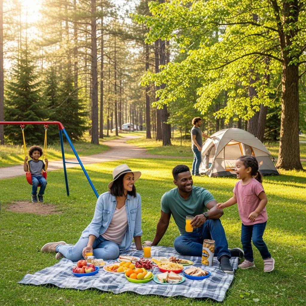 Family enjoying a picnic at a campground with nearby hiking trails