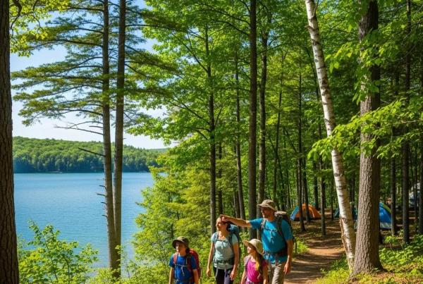 Family enjoying a scenic campground in Michigan with hiking trails and a lake