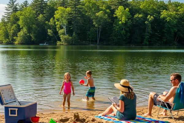 Family enjoying a sunny day at a lakeside beach near Portage Lake, with children playing in the water and parents relaxing on the shore