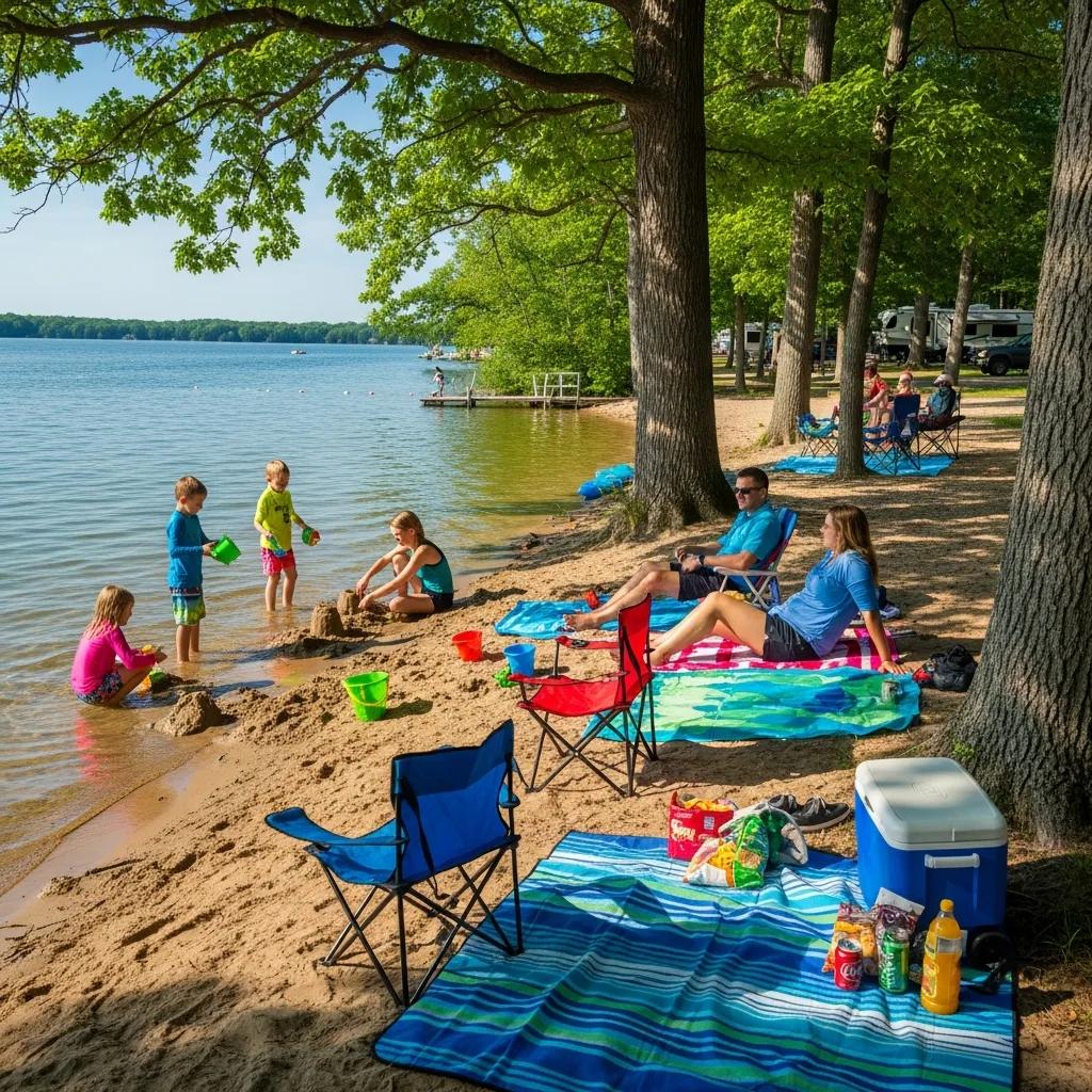 Family enjoying a sunny day at a Michigan campground beach with children swimming and parents relaxing