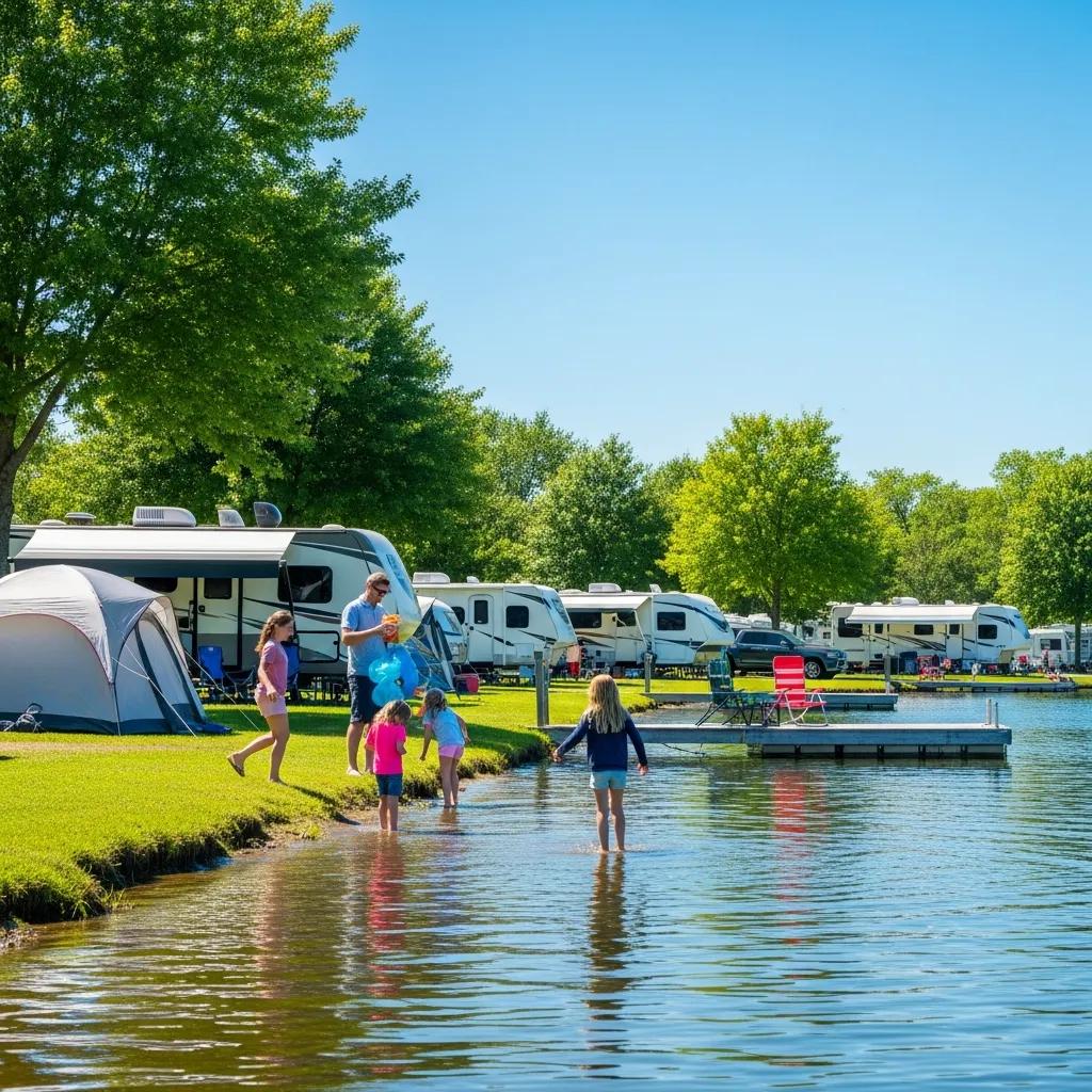 Family enjoying a sunny day at a waterfront campground with tents and RVs