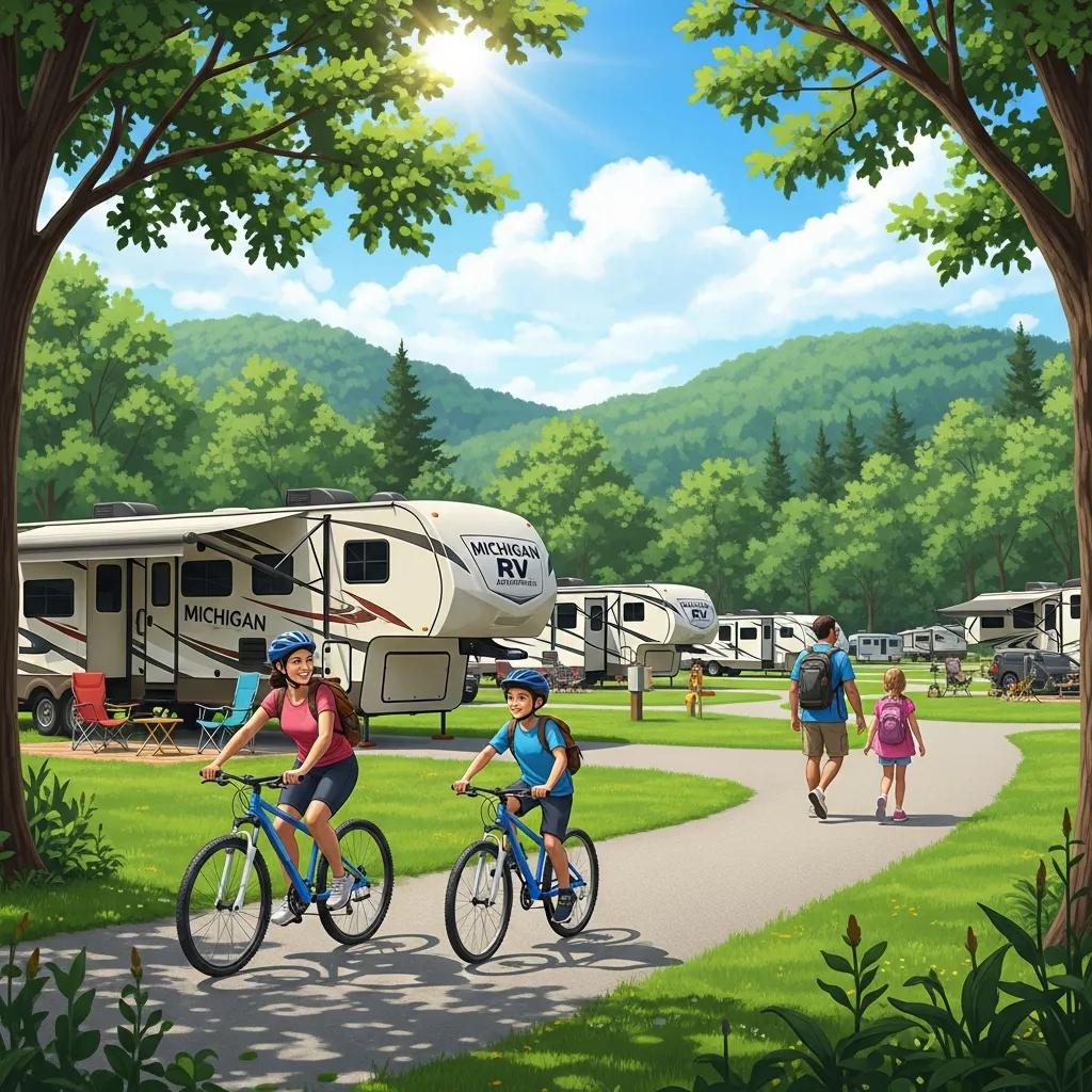 Family enjoying biking and hiking at an RV park with scenic trails in Michigan