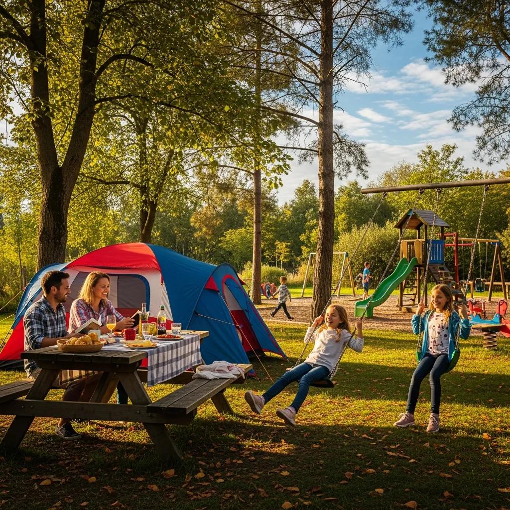 Family at a campsite with children playing on a nearby playground