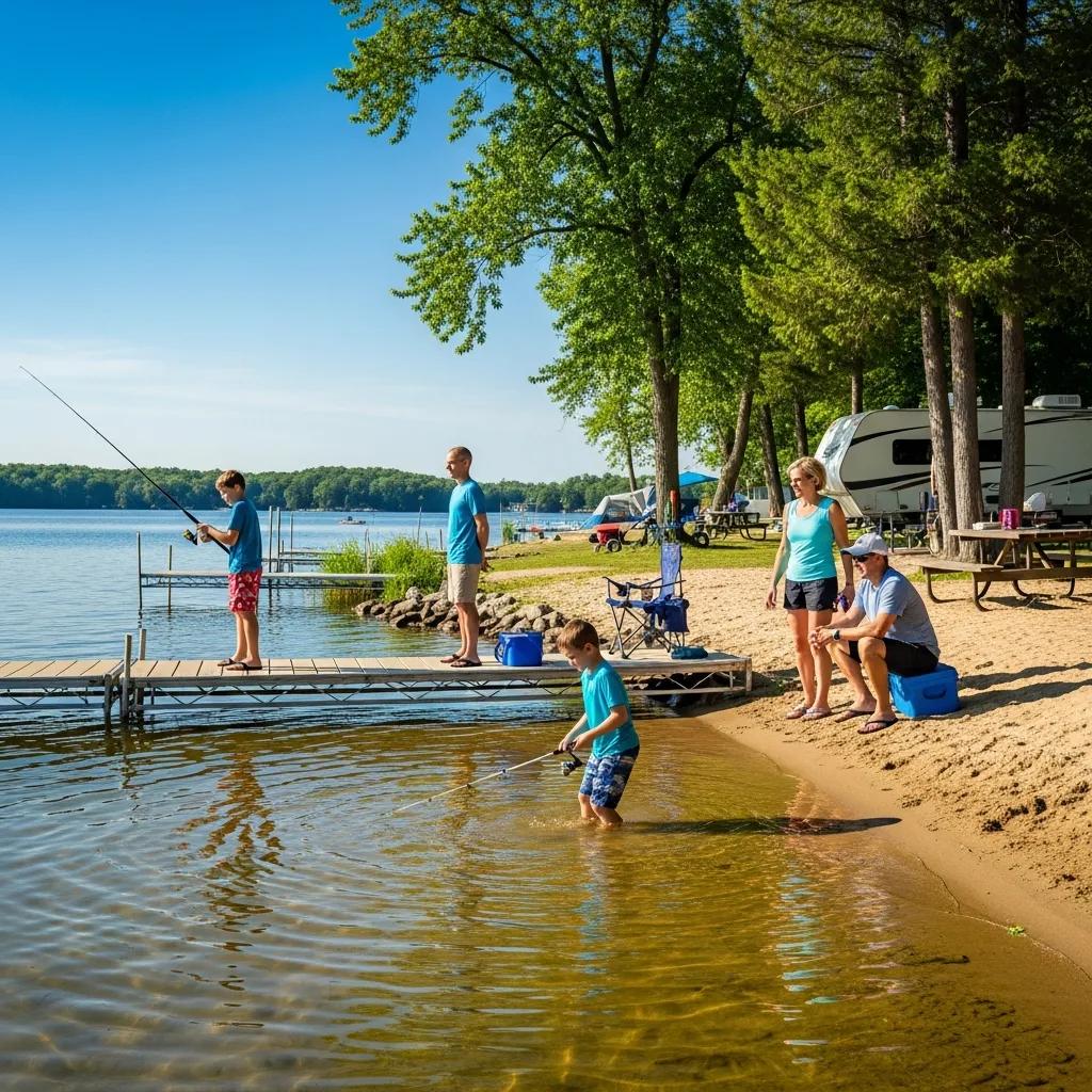 Family enjoying fishing and swimming at a lakeside campground in Michigan