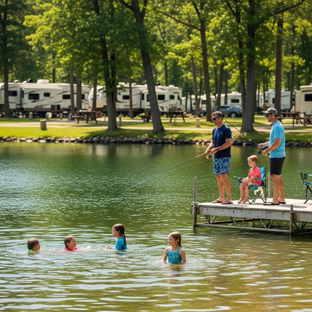 Family enjoying fishing and swimming at a Michigan campground with a clear lake and green surroundings