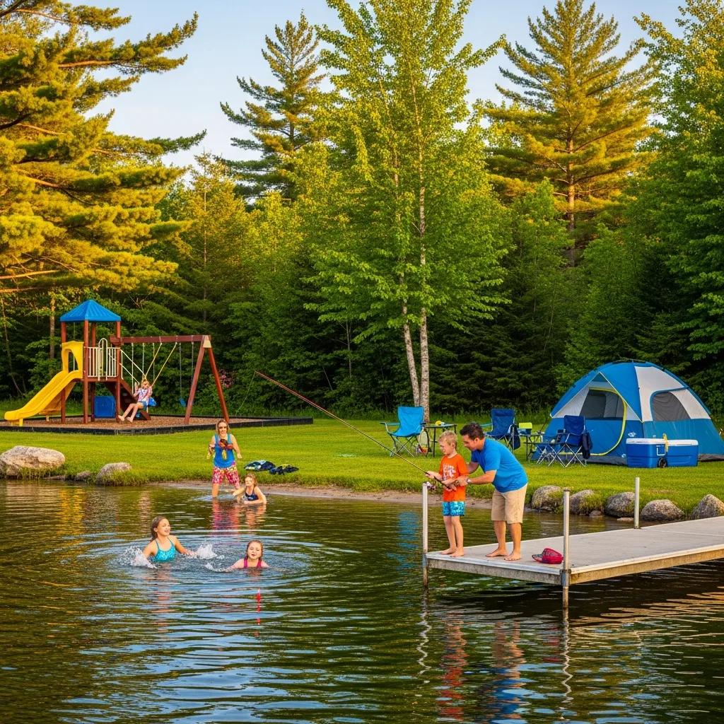 Family enjoying outdoor activities at a campground near Portage Lake, Michigan