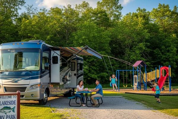 Family enjoying outdoor activities at an RV park near Lansing, Michigan