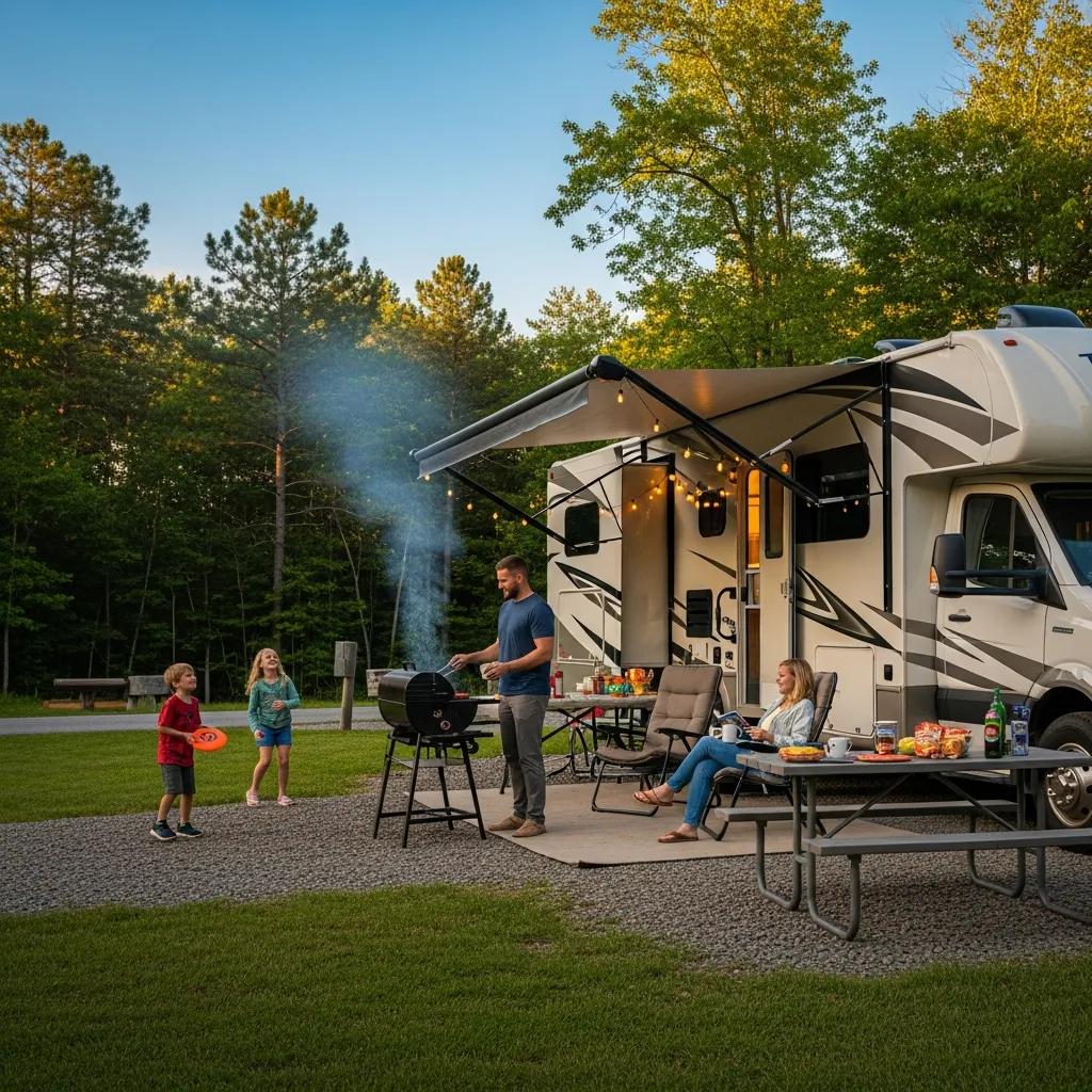 Family enjoying RV camping with outdoor seating near a campground