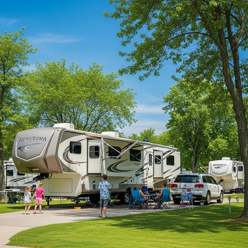 Family enjoying RV camping at a scenic Michigan park with full hook-ups