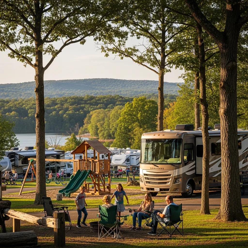 Family enjoying RV camping at The Oaks Campground near Waterloo, highlighting outdoor activities and amenities