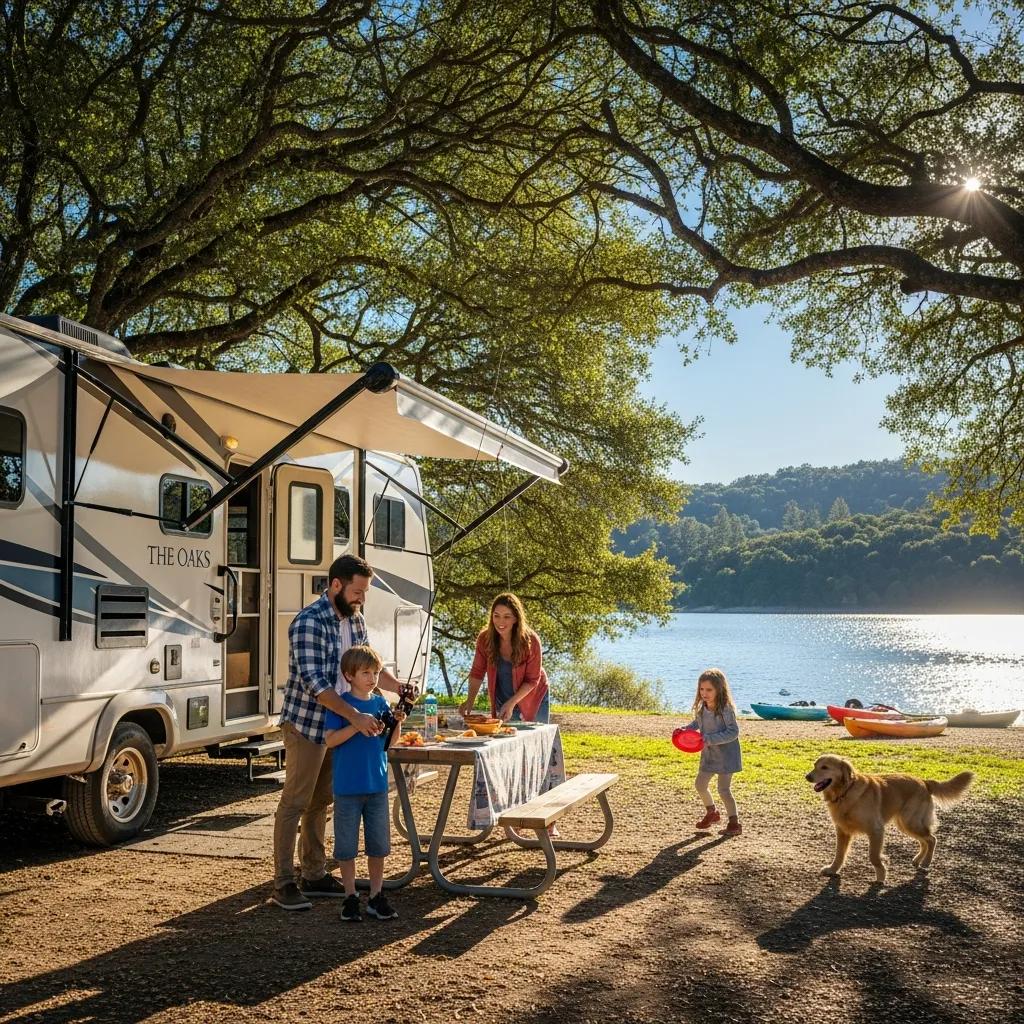 Family enjoying RV camping at Waterloo Recreation Area with lush woods and a lake