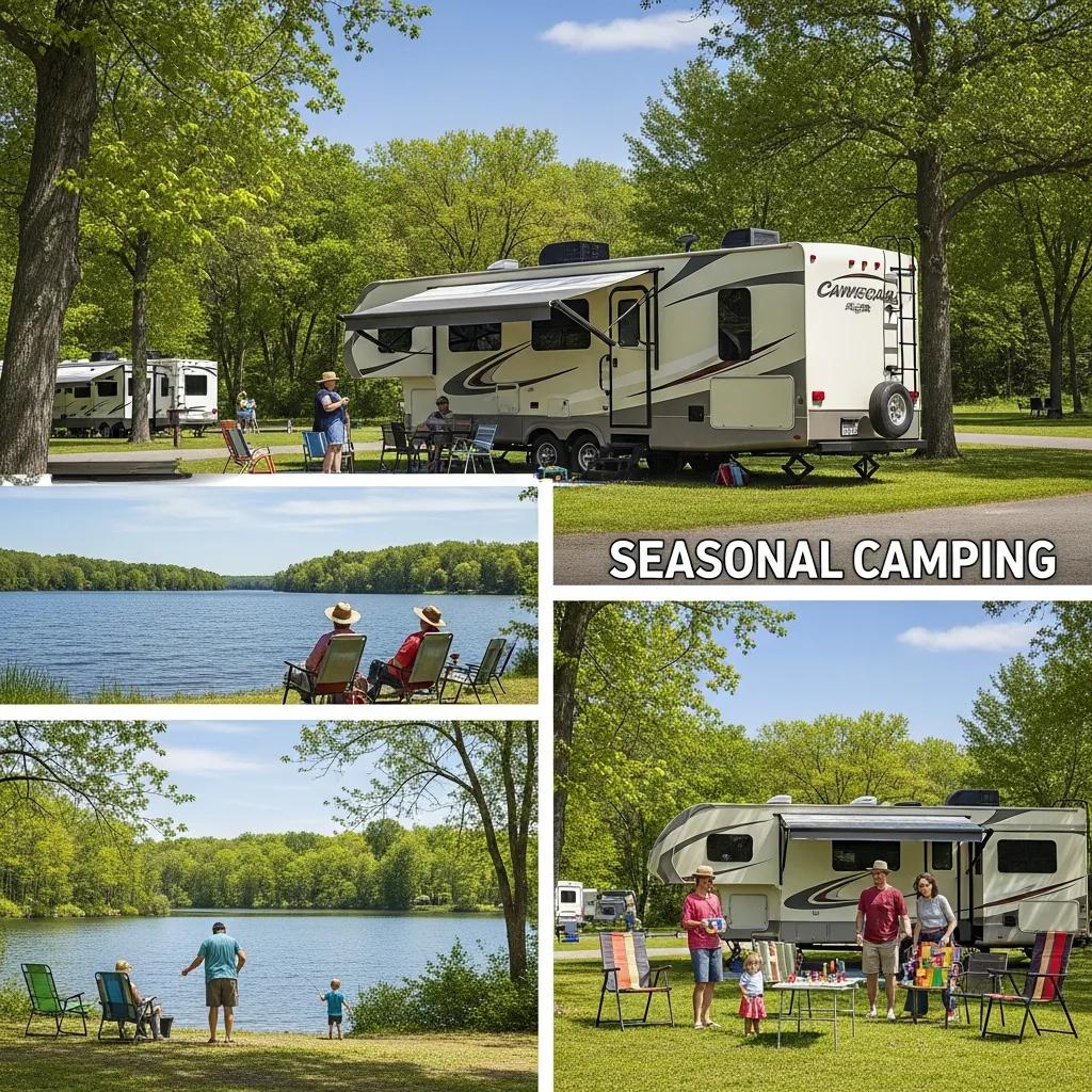 Family enjoying seasonal camping in Michigan with an RV at a scenic campground