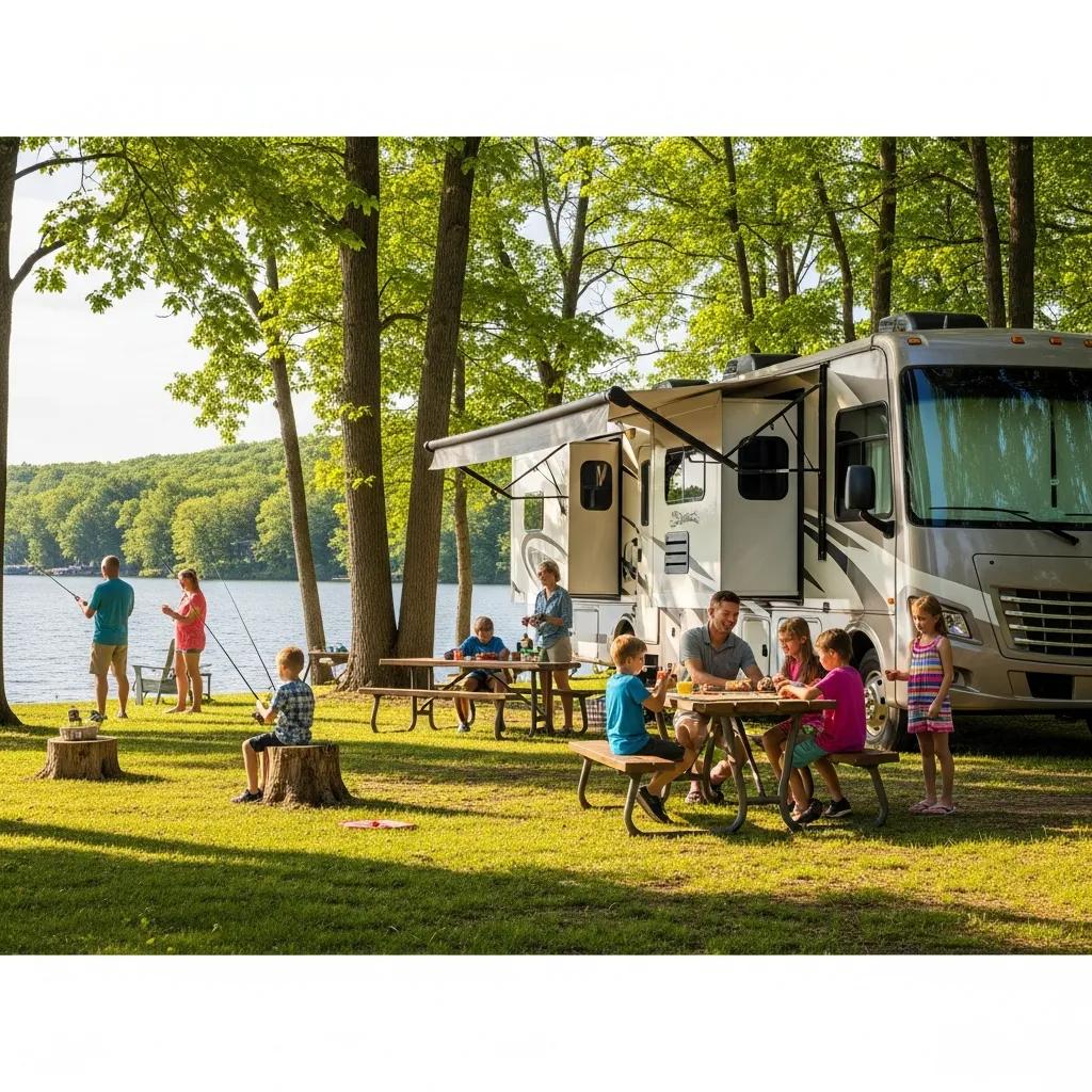 Family enjoying seasonal camping in Michigan with an RV at a scenic lakeside campsite