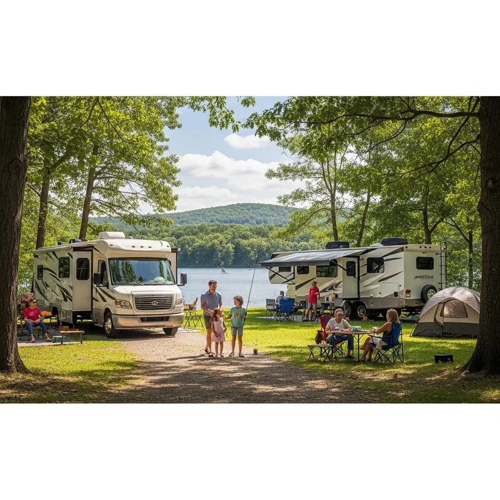 Family enjoying seasonal camping in Michigan with an RV by a lake