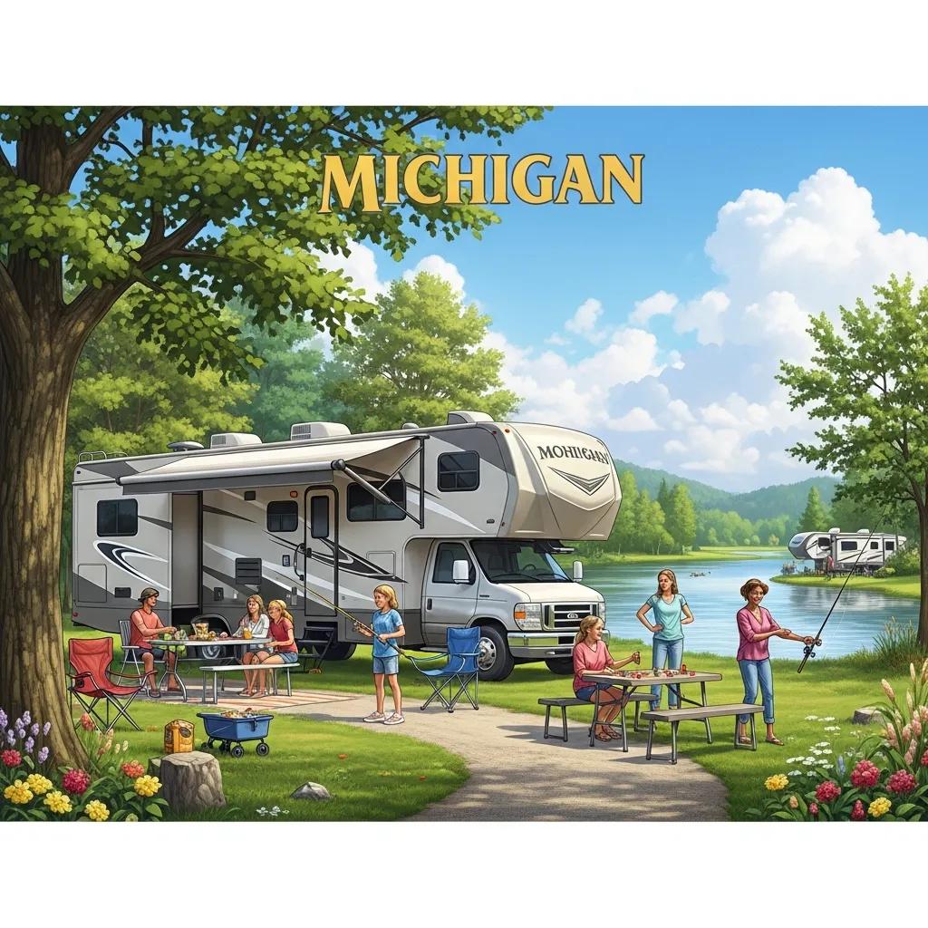 Family enjoying seasonal camping in Michigan with an RV by a serene lake