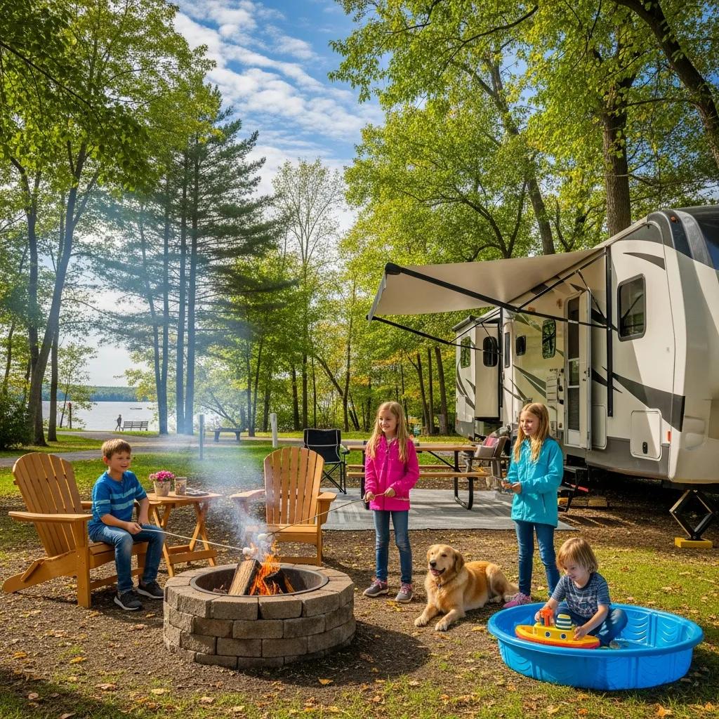 Family enjoying seasonal camping in Michigan with RV, campfire, and outdoor activities