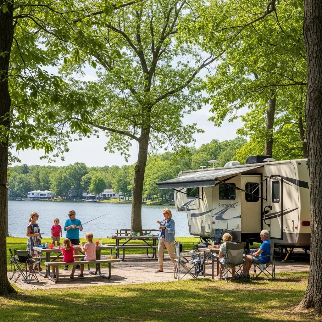 Family enjoying seasonal camping in Michigan with RV, picnic area, and lake