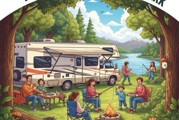 Family enjoying seasonal camping near Michigan State Parks with RV, campfire, and lake