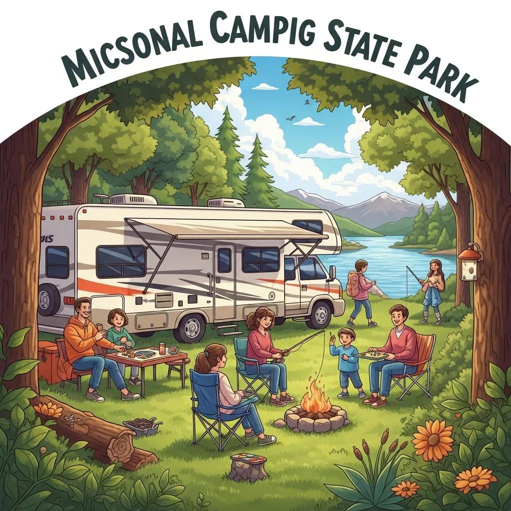 Family enjoying seasonal camping near Michigan State Parks with RV, campfire, and lake
