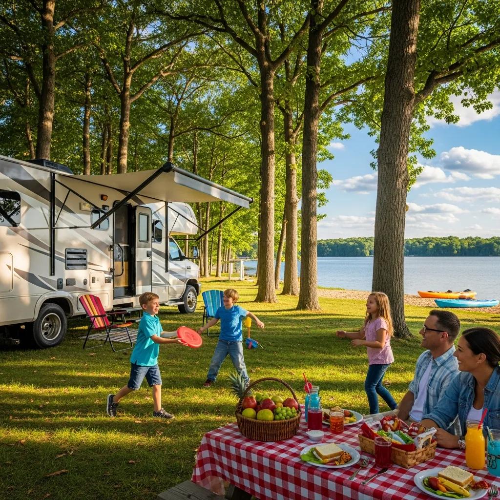 Family enjoying summer camping at a seasonal campground in Michigan with RV, children playing, and a lake