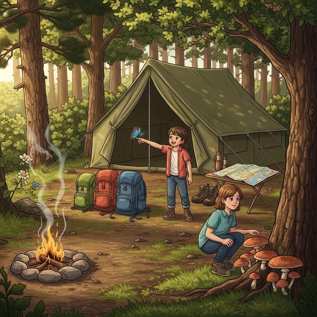 Family tent camping in a wooded area near Ann Arbor with kids exploring and a campfire