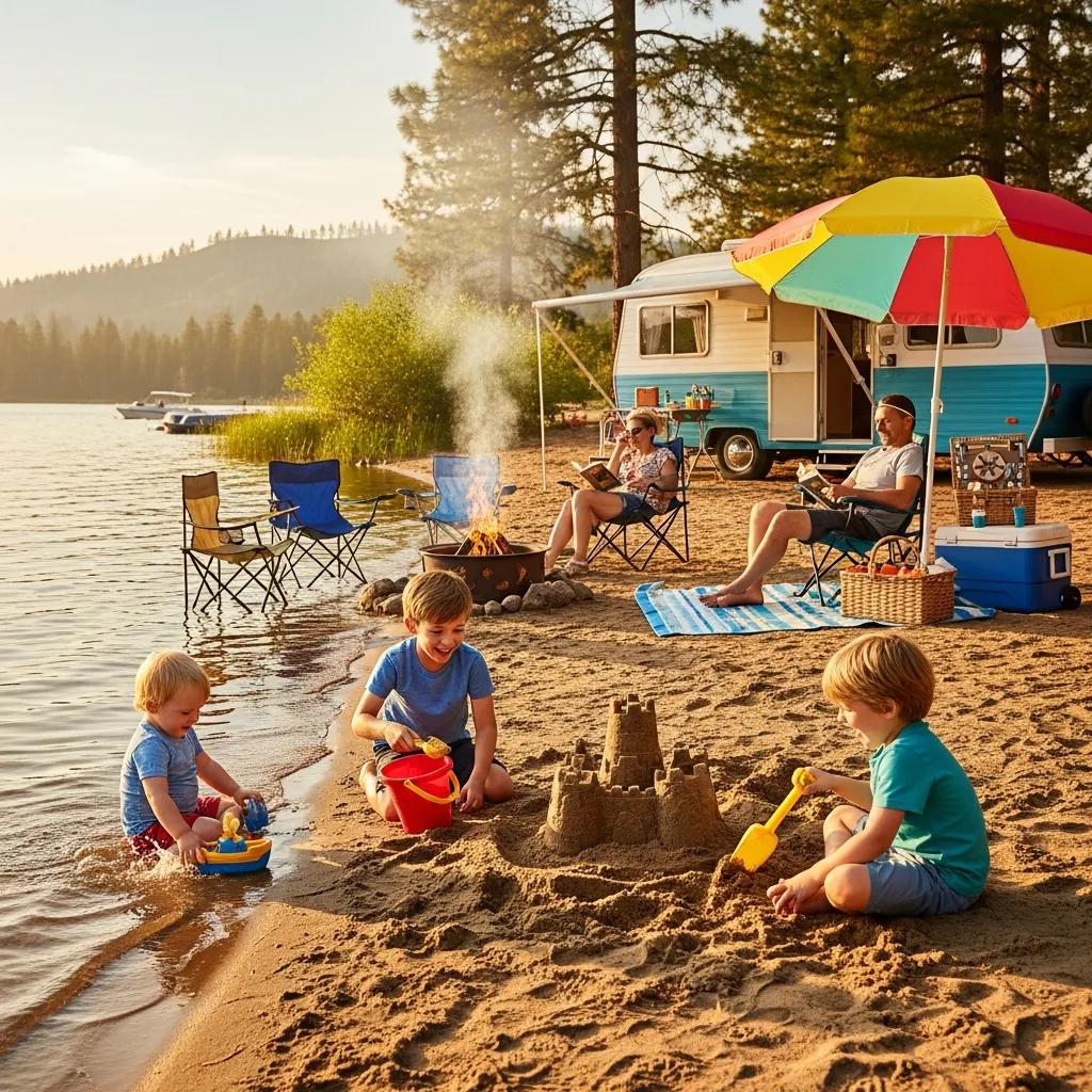 Family enjoying unique camping amenities at a lakeside campground near Fort Wayne
