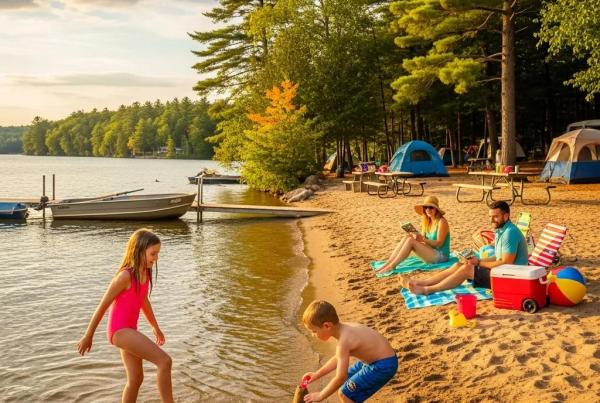 Family enjoying water activities at a Michigan campground with a sandy beach and lake