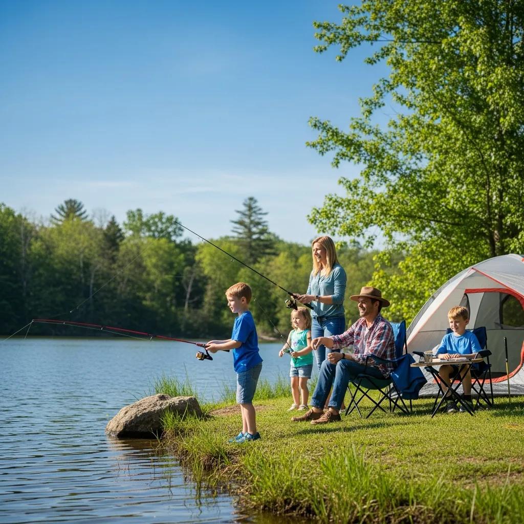 Family fishing and camping at a lake in Waterloo Recreation Area, highlighting outdoor family activities