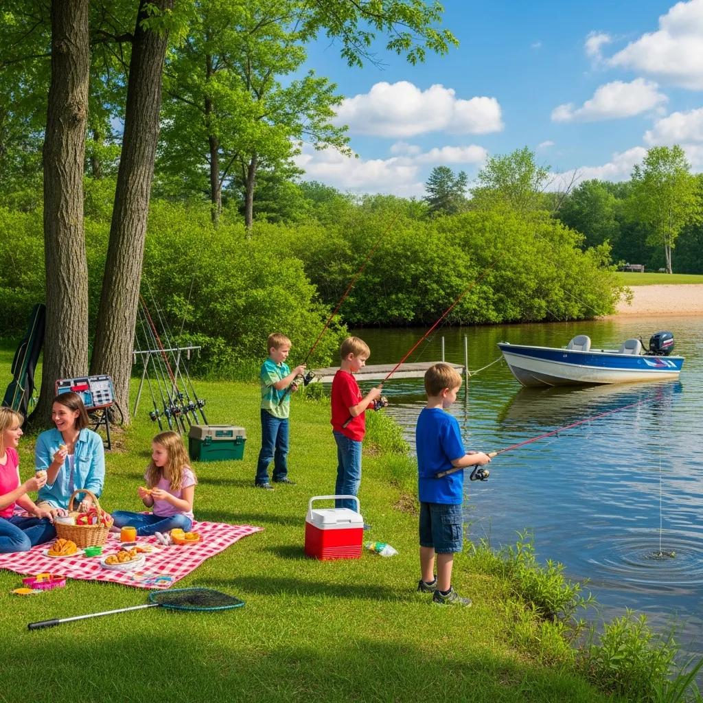 Family fishing at a campground in Michigan, highlighting children fishing and enjoying nature