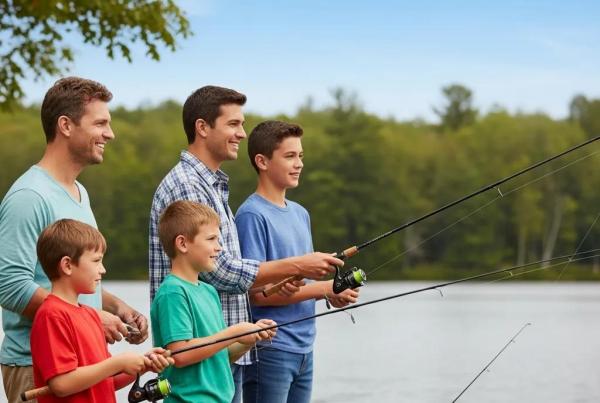 Family fishing at a lakeside campground in Michigan, showcasing a joyful outdoor experience