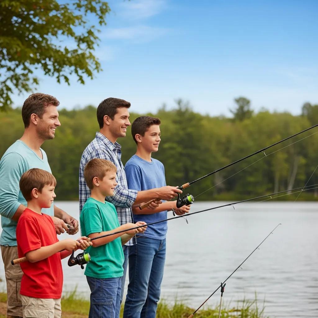Family fishing at a lakeside campground in Michigan, showcasing a joyful outdoor experience