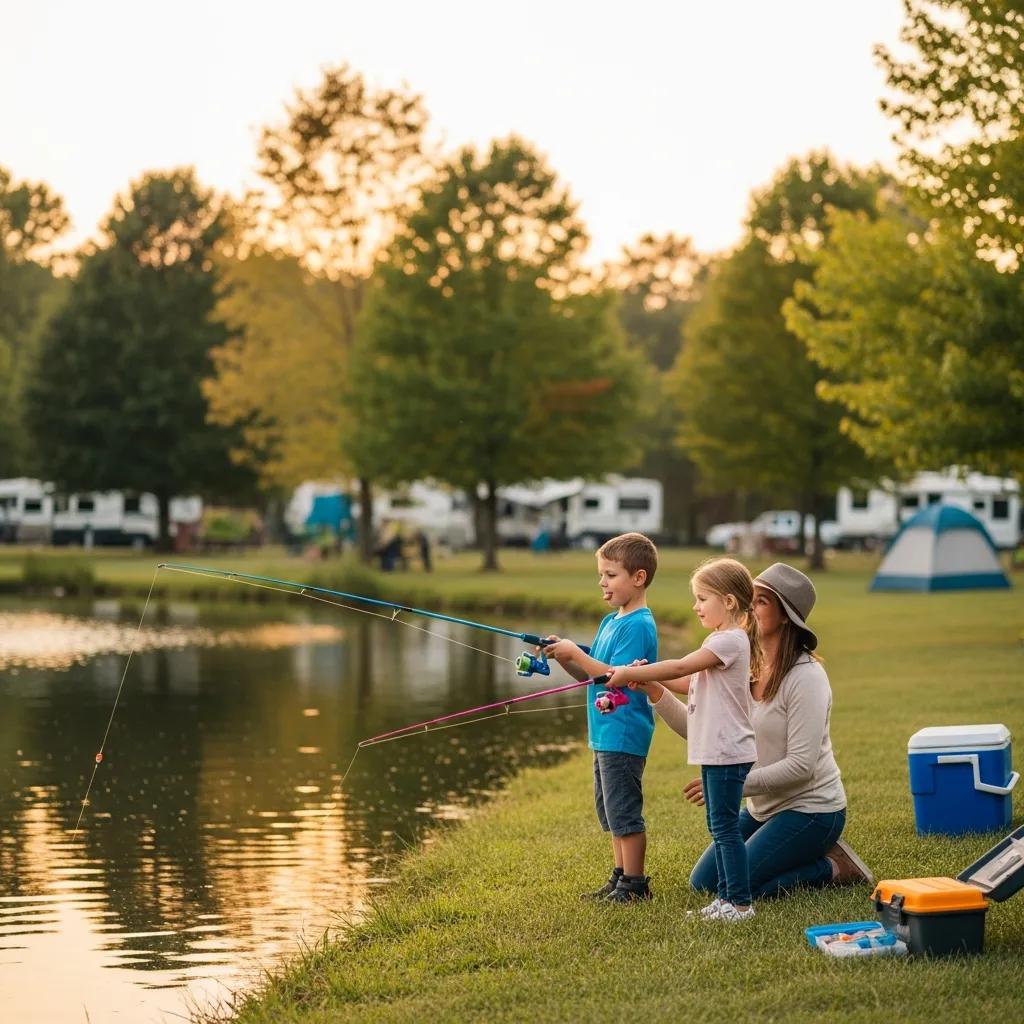 A family fishing together at The Oaks Campground pond